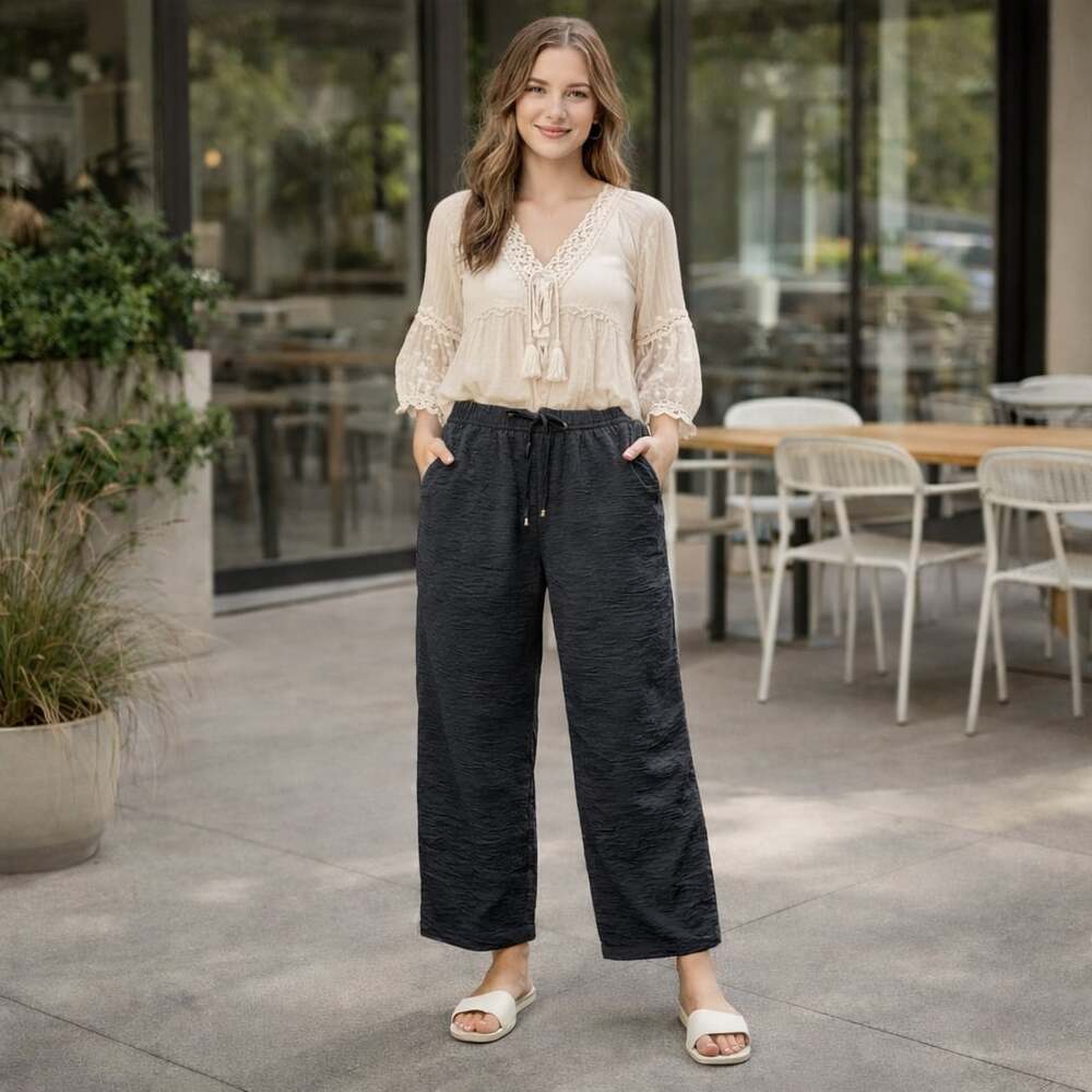 Nicole Miller Black Textured Wide Leg Cropped Pants Petite Small PS